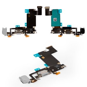Шлейф для iPhone 6S Plus, коннектора наушников, коннектора зарядки, серый, с микрофоном, с компонентами