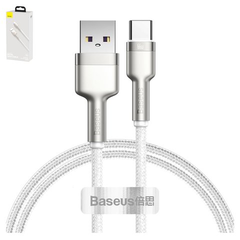 USB кабель Baseus Cafule Series Metal, USB тип C, USB тип A, 100 см, 66 Вт, 6 А, серебристый, белый, в нейлоновой оплетке, #CAKF000102