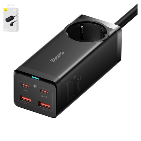 Mains Charger Baseus GaN3 Pro Desktop, 100 W, Quick Charge, black, with socket, with cable USB type C to USB type C, 4 output, 1.5 m  #PSZM000401