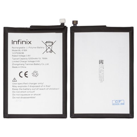 Battery BL 51BX compatible with Infinix Hot 10 X682 , Hot 11, Note 8 X692 , Note 8i X683 , Li Polymer, 3.8 V, 5200 mAh, Original PRC  