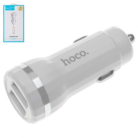 Автомобільний зарядний пристрій Hoco Z27, 2 USB виходи 5В 2,4А , біле, з кабелем Lightning для Apple