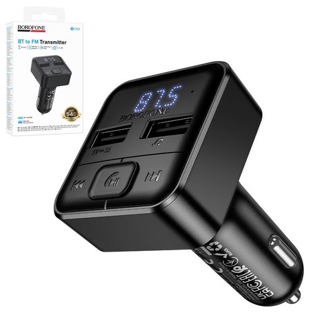 FM трансмиттер Borofone BC63, черный, с кнопкой, с дисплеем, USB тип A, 2 порта, #6941991126185